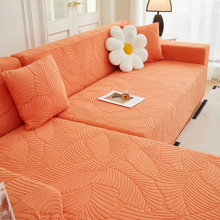 91家纺网 家纺一手货源 找家纺 丝绮鹿 2025新款雕花绒大叶子沙发套松紧款（贵妃图新） 橙色