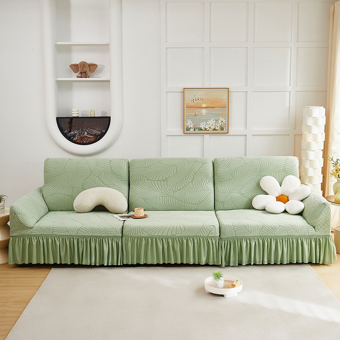 91家纺网 家纺一手货源 找家纺 （总）丝绮鹿 2025新款雕花绒大叶子沙发套裙边款（直排）