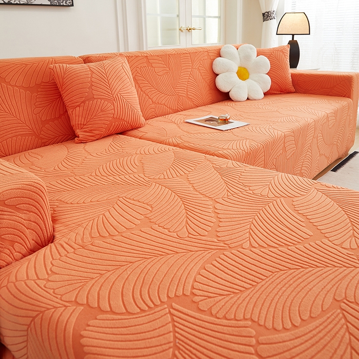 91家纺网 家纺一手货源 找家纺 丝绮鹿 2025新款雕花绒大叶子沙发套松紧款（贵妃图新） 橙色