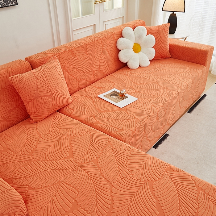91家纺网 家纺一手货源 找家纺 丝绮鹿 2025新款雕花绒大叶子沙发套松紧款（贵妃图新） 橙色