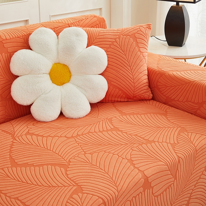 91家纺网 家纺一手货源 找家纺 丝绮鹿 2025新款雕花绒大叶子沙发套松紧款（贵妃图新） 橙色