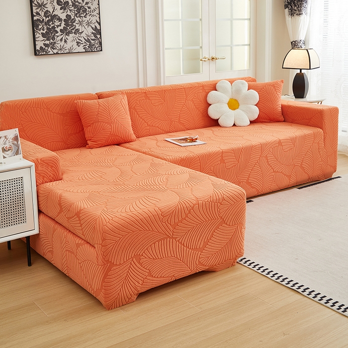 91家纺网 家纺一手货源 找家纺 丝绮鹿 2025新款雕花绒大叶子沙发套松紧款（贵妃图新） 橙色