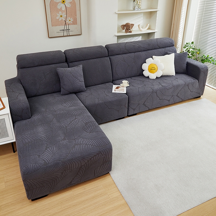 91家纺网 家纺一手货源 找家纺 丝绮鹿 2025新款雕花绒大叶子沙发套松紧款（贵妃图） 深灰