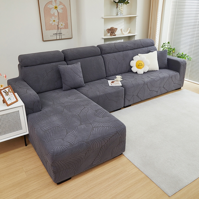 91家纺网 家纺一手货源 找家纺 丝绮鹿 2025新款雕花绒大叶子沙发套松紧款（贵妃图） 深灰