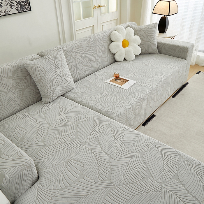 91家纺网 家纺一手货源 找家纺 丝绮鹿 2025新款雕花绒大叶子沙发套松紧款（贵妃图新） 浅灰