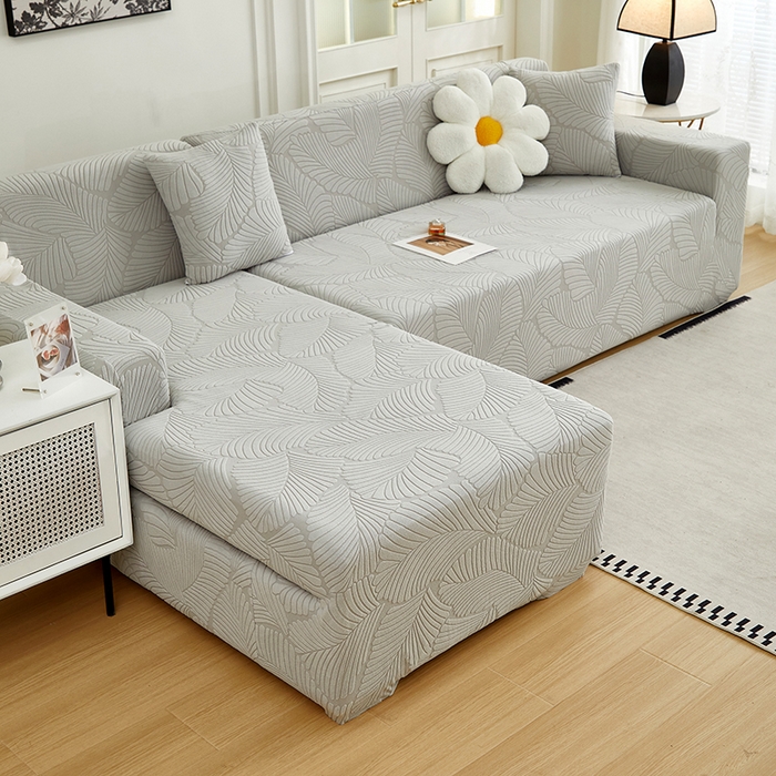 91家纺网 家纺一手货源 找家纺 丝绮鹿 2025新款雕花绒大叶子沙发套松紧款（贵妃图新） 浅灰