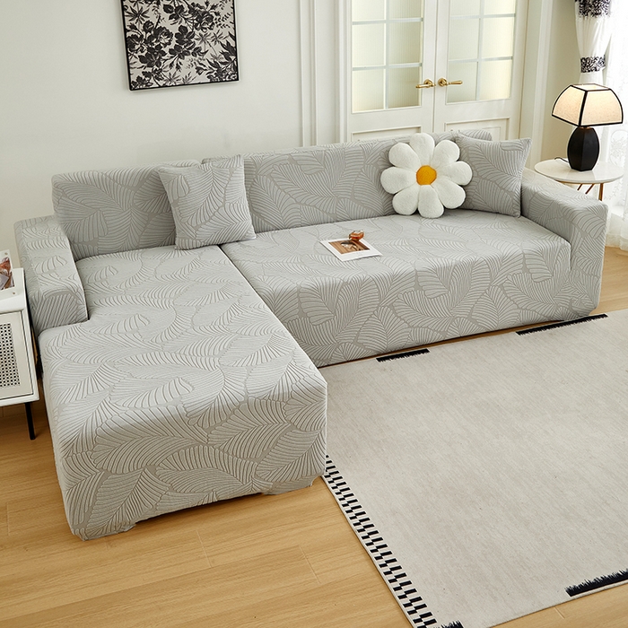 91家纺网 家纺一手货源 找家纺 丝绮鹿 2025新款雕花绒大叶子沙发套松紧款（贵妃图新） 浅灰