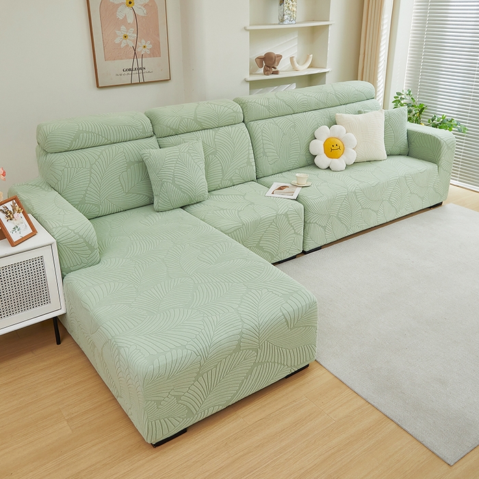 91家纺网 家纺一手货源 找家纺 丝绮鹿 2025新款雕花绒大叶子沙发套松紧款（贵妃图） 薄荷绿