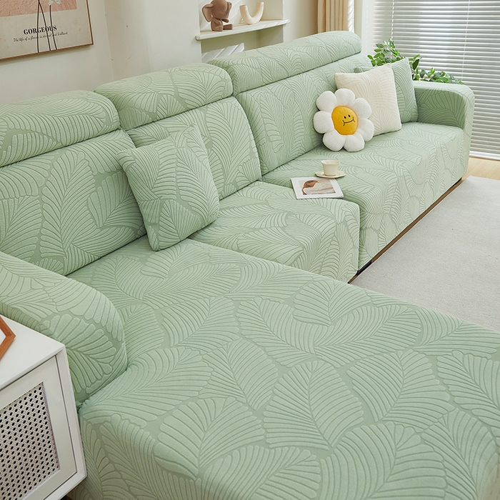 91家纺网 家纺一手货源 找家纺 丝绮鹿 2025新款雕花绒大叶子沙发套松紧款（贵妃图） 薄荷绿