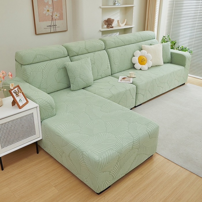 91家纺网 家纺一手货源 找家纺 丝绮鹿 2025新款雕花绒大叶子沙发套松紧款（贵妃图） 薄荷绿