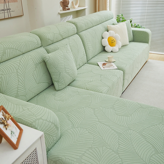 91家纺网 家纺一手货源 找家纺 丝绮鹿 2025新款雕花绒大叶子沙发套松紧款（贵妃图） 薄荷绿