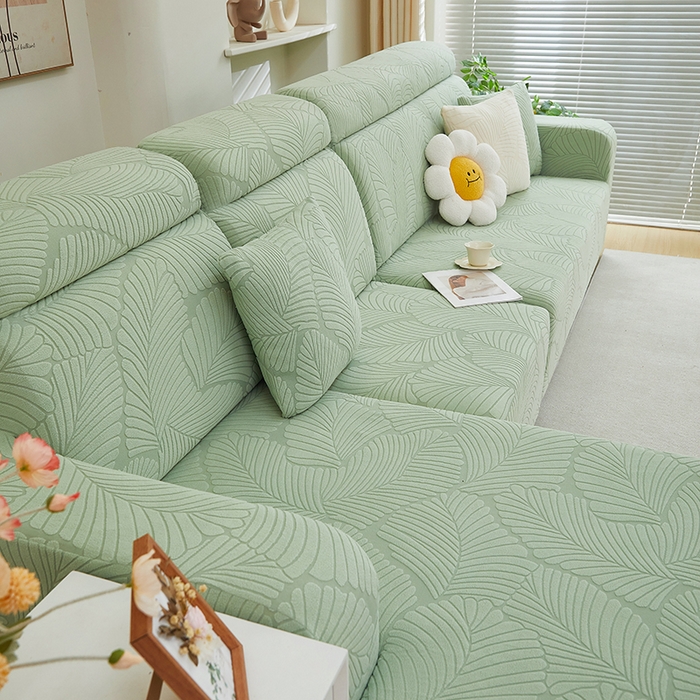 91家纺网 家纺一手货源 找家纺 丝绮鹿 2025新款雕花绒大叶子沙发套松紧款（贵妃图） 薄荷绿