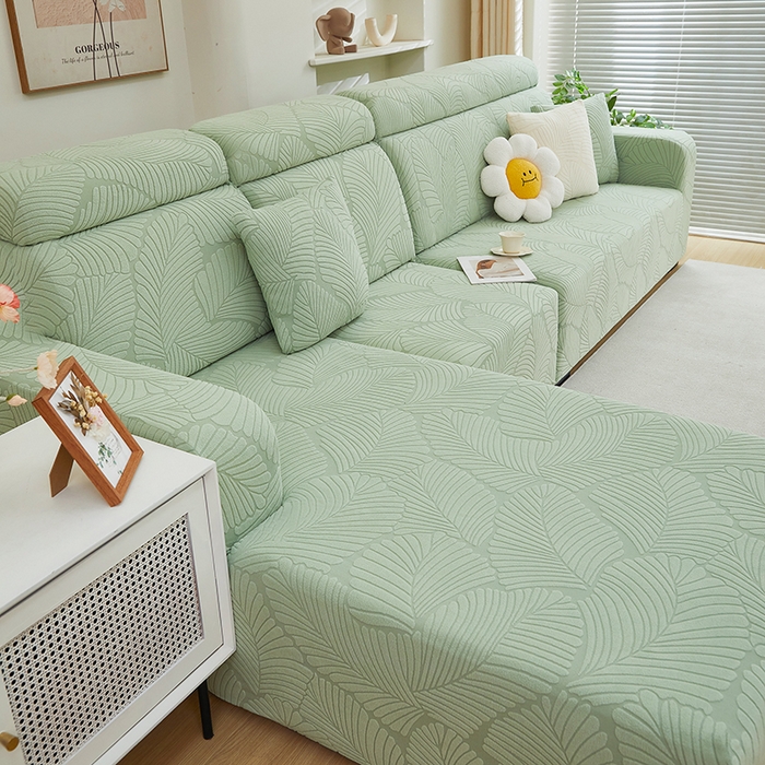 91家纺网 家纺一手货源 找家纺 丝绮鹿 2025新款雕花绒大叶子沙发套松紧款（贵妃图） 薄荷绿