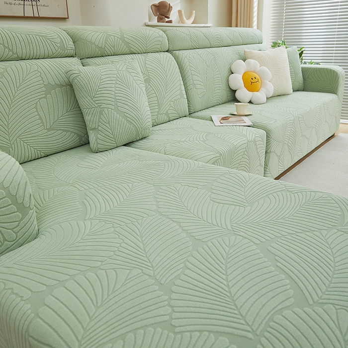 91家纺网 家纺一手货源 找家纺 丝绮鹿 2025新款雕花绒大叶子沙发套松紧款（贵妃图） 薄荷绿