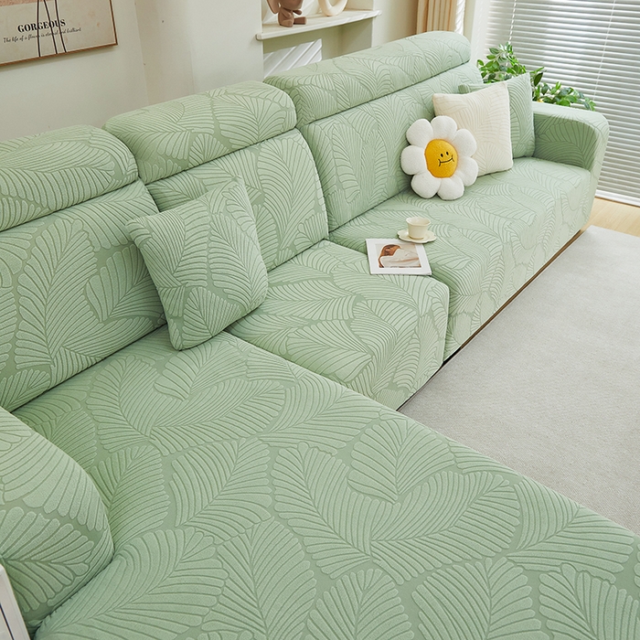 91家纺网 家纺一手货源 找家纺 丝绮鹿 2025新款雕花绒大叶子沙发套松紧款（贵妃图） 薄荷绿