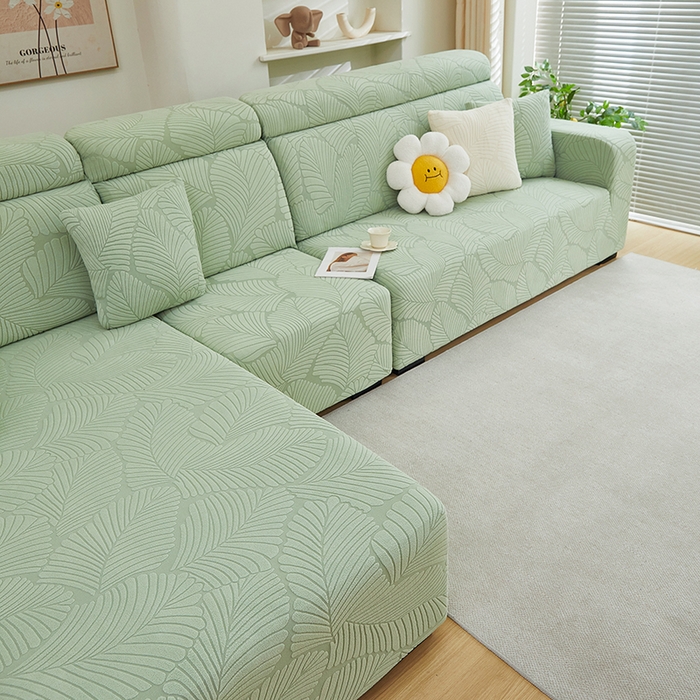 91家纺网 家纺一手货源 找家纺 丝绮鹿 2025新款雕花绒大叶子沙发套松紧款（贵妃图） 薄荷绿