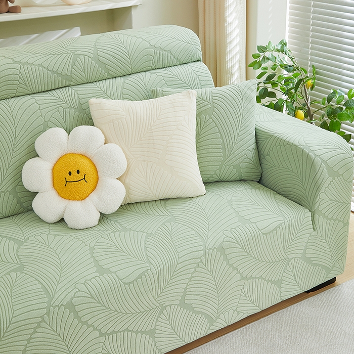 91家纺网 家纺一手货源 找家纺 丝绮鹿 2025新款雕花绒大叶子沙发套松紧款（贵妃图） 薄荷绿