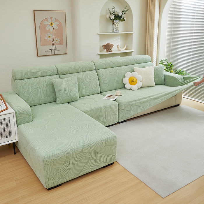 91家纺网 家纺一手货源 找家纺 丝绮鹿 2025新款雕花绒大叶子沙发套松紧款（贵妃图） 薄荷绿