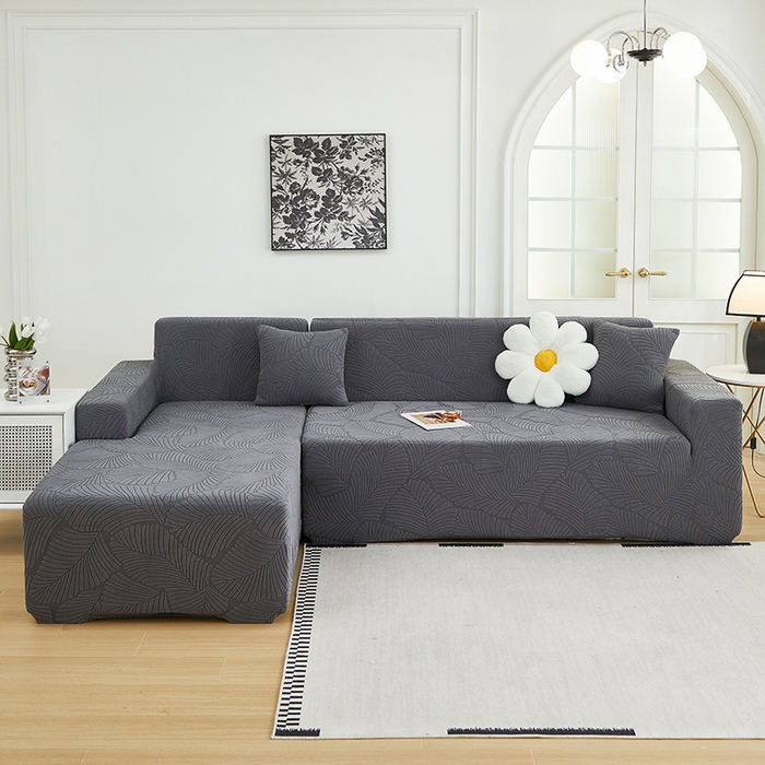 91家纺网 家纺一手货源 找家纺 丝绮鹿 2025新款雕花绒大叶子沙发套松紧款（贵妃图新） 深灰