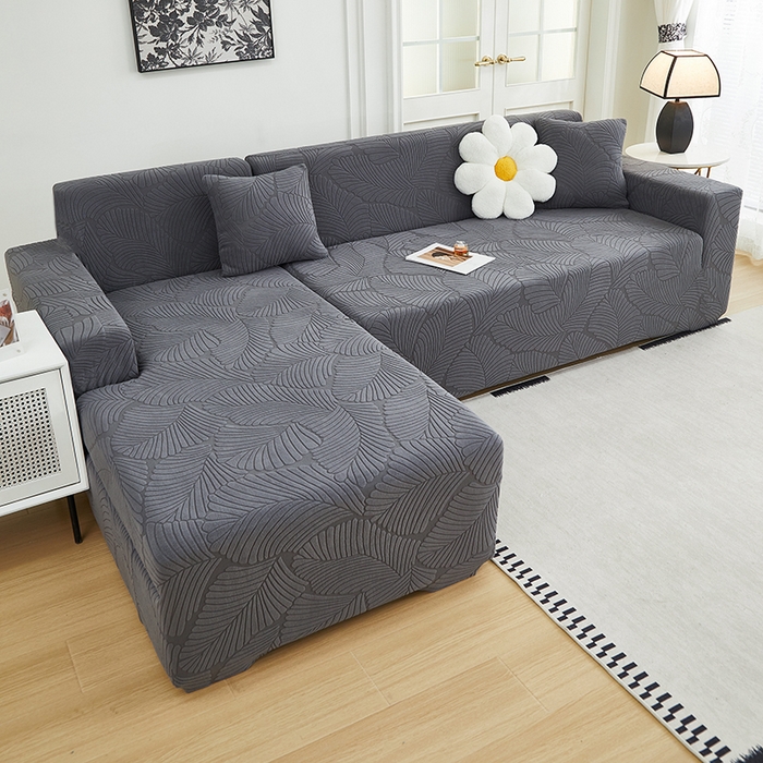 91家纺网 家纺一手货源 找家纺 丝绮鹿 2025新款雕花绒大叶子沙发套松紧款（贵妃图新） 深灰