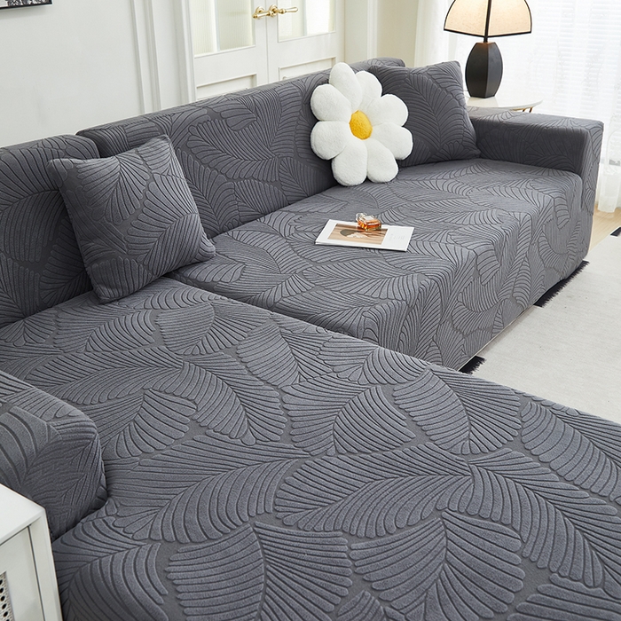 91家纺网 家纺一手货源 找家纺 丝绮鹿 2025新款雕花绒大叶子沙发套松紧款（贵妃图新） 深灰