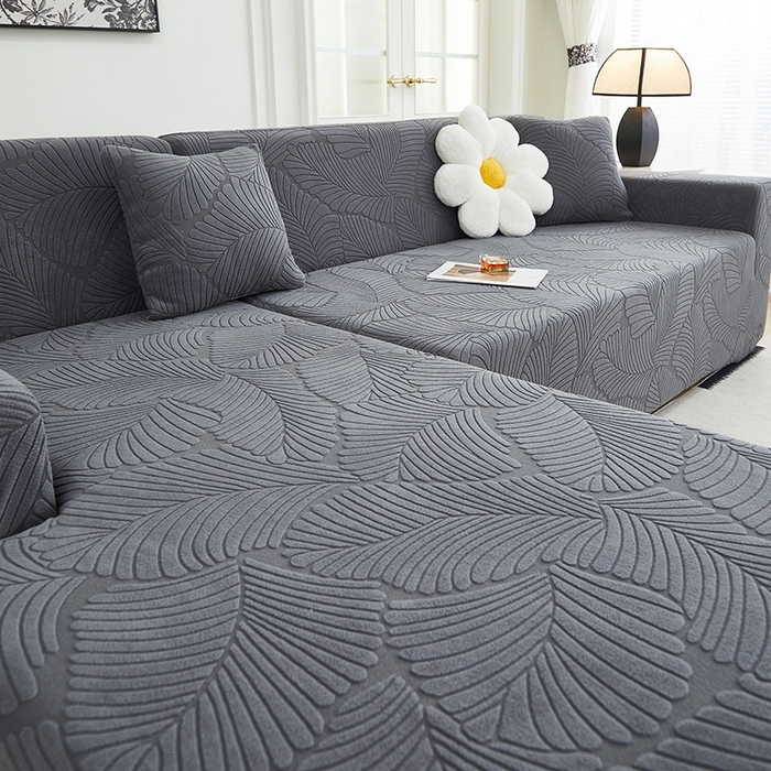 91家纺网 家纺一手货源 找家纺 丝绮鹿 2025新款雕花绒大叶子沙发套松紧款（贵妃图新） 深灰