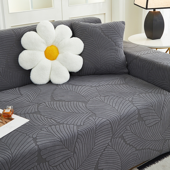 91家纺网 家纺一手货源 找家纺 丝绮鹿 2025新款雕花绒大叶子沙发套松紧款（贵妃图新） 深灰