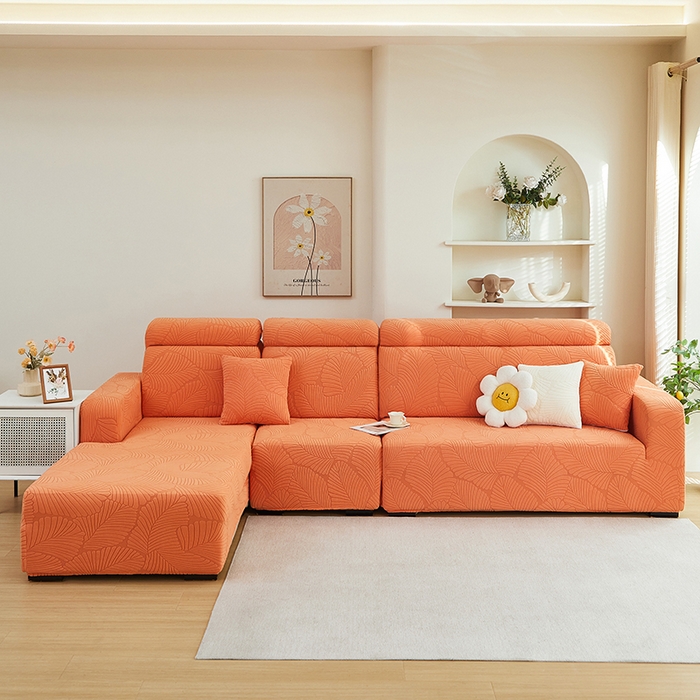 91家纺网 家纺一手货源 找家纺 丝绮鹿 2025新款雕花绒大叶子沙发套松紧款（贵妃图） 橙色