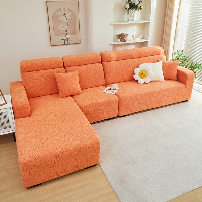 91家纺网 家纺一手货源 找家纺 丝绮鹿 2025新款雕花绒大叶子沙发套松紧款（贵妃图） 橙色