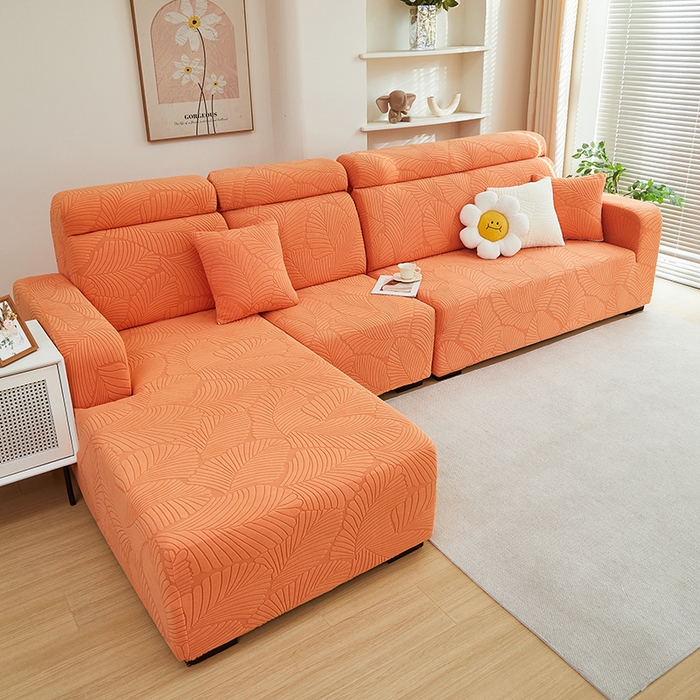 91家纺网 家纺一手货源 找家纺 丝绮鹿 2025新款雕花绒大叶子沙发套松紧款（贵妃图） 橙色
