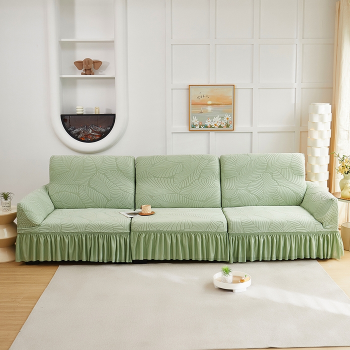 丝绮鹿 2025新款雕花绒大叶子沙发套裙边款（直排） 薄荷绿