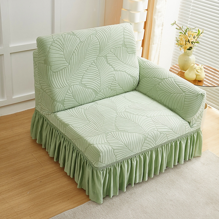 91家纺网 家纺一手货源 找家纺 丝绮鹿 2025新款雕花绒大叶子沙发套裙边款（直排） 薄荷绿