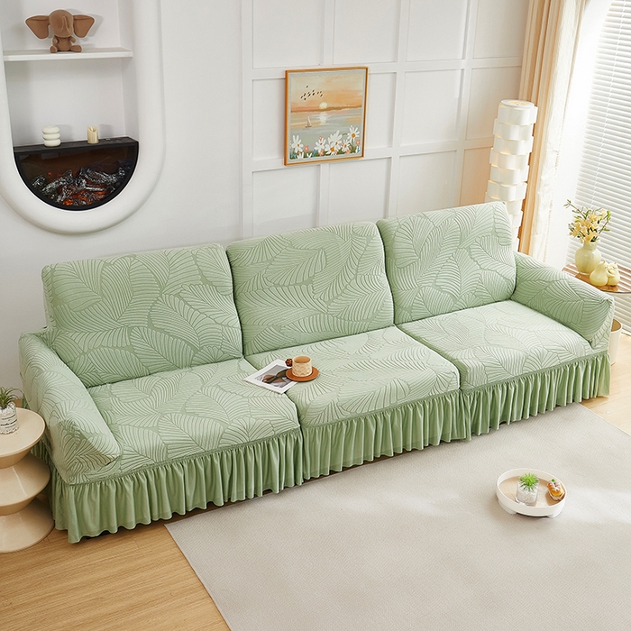 91家纺网 家纺一手货源 找家纺 丝绮鹿 2025新款雕花绒大叶子沙发套裙边款（直排） 薄荷绿