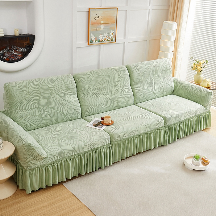 91家纺网 家纺一手货源 找家纺 丝绮鹿 2025新款雕花绒大叶子沙发套裙边款（直排） 薄荷绿