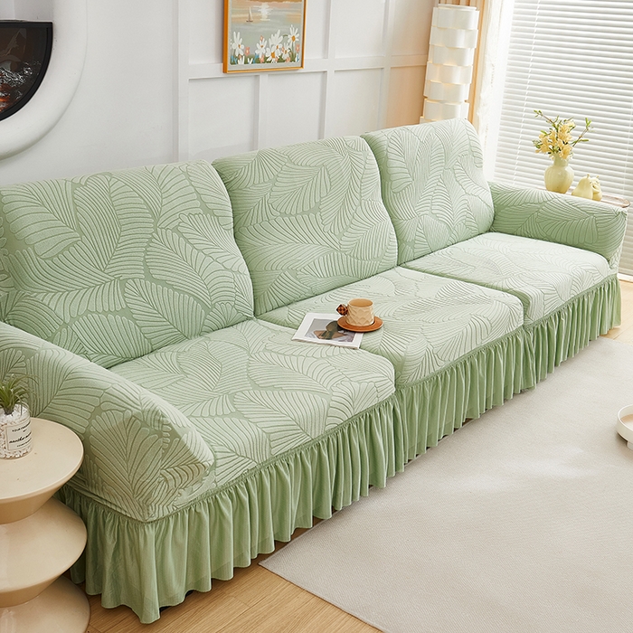 91家纺网 家纺一手货源 找家纺 丝绮鹿 2025新款雕花绒大叶子沙发套裙边款（直排） 薄荷绿