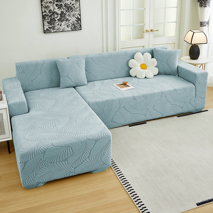 91家纺网 家纺一手货源 找家纺 丝绮鹿 2025新款雕花绒大叶子沙发套松紧款（贵妃图新） 雾霾蓝