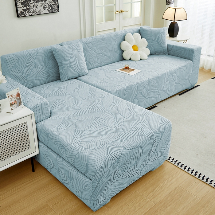 91家纺网 家纺一手货源 找家纺 丝绮鹿 2025新款雕花绒大叶子沙发套松紧款（贵妃图新） 雾霾蓝