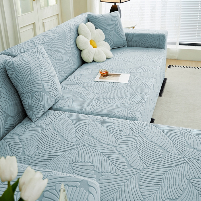 91家纺网 家纺一手货源 找家纺 丝绮鹿 2025新款雕花绒大叶子沙发套松紧款（贵妃图新） 雾霾蓝