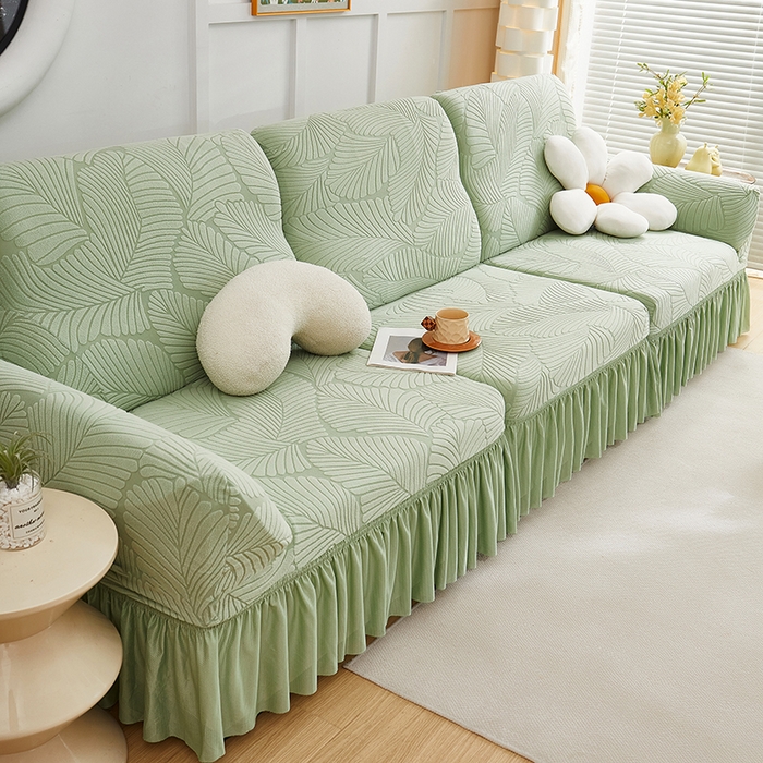 91家纺网 家纺一手货源 找家纺 丝绮鹿 2025新款雕花绒大叶子沙发套裙边款（直排） 薄荷绿