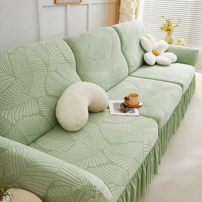 91家纺网 家纺一手货源 找家纺 丝绮鹿 2025新款雕花绒大叶子沙发套裙边款（直排） 薄荷绿