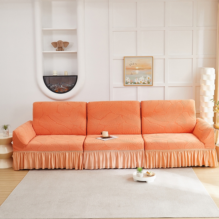 丝绮鹿 2025新款雕花绒大叶子沙发套裙边款（直排） 橙色