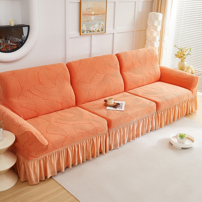 91家纺网 家纺一手货源 找家纺 丝绮鹿 2025新款雕花绒大叶子沙发套裙边款（直排） 橙色