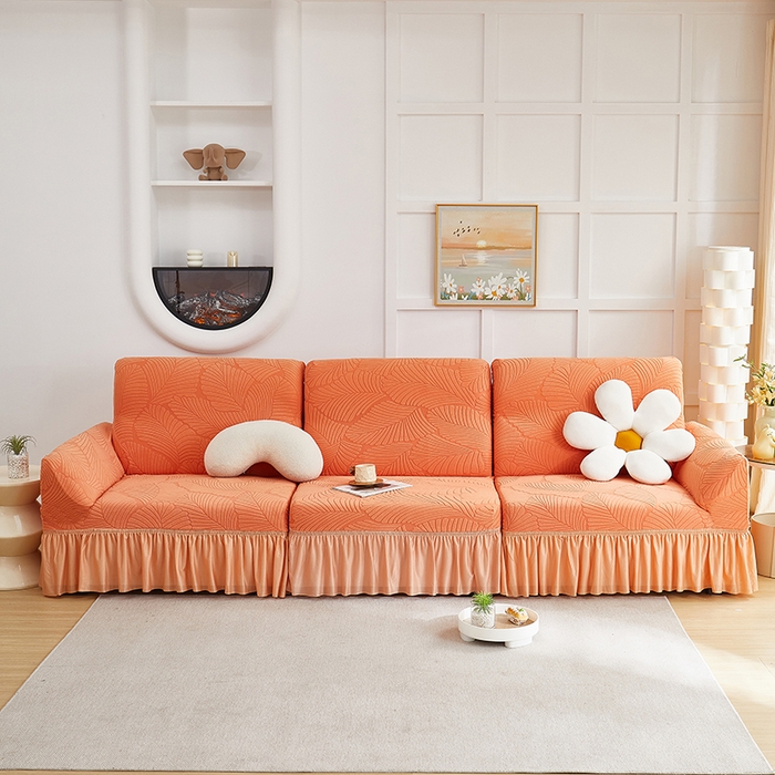 91家纺网 家纺一手货源 找家纺 丝绮鹿 2025新款雕花绒大叶子沙发套裙边款（直排） 橙色