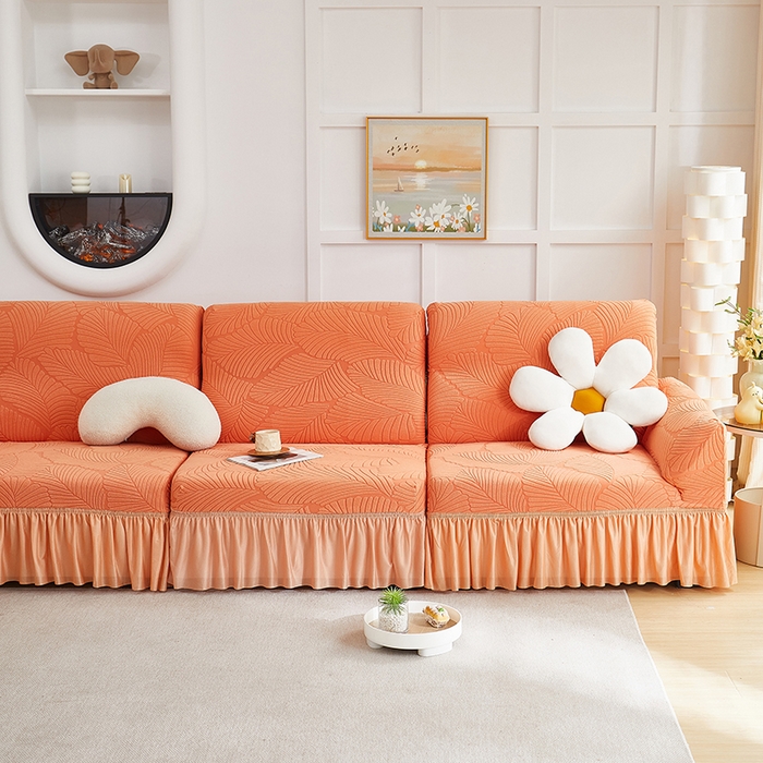 91家纺网 家纺一手货源 找家纺 丝绮鹿 2025新款雕花绒大叶子沙发套裙边款（直排） 橙色