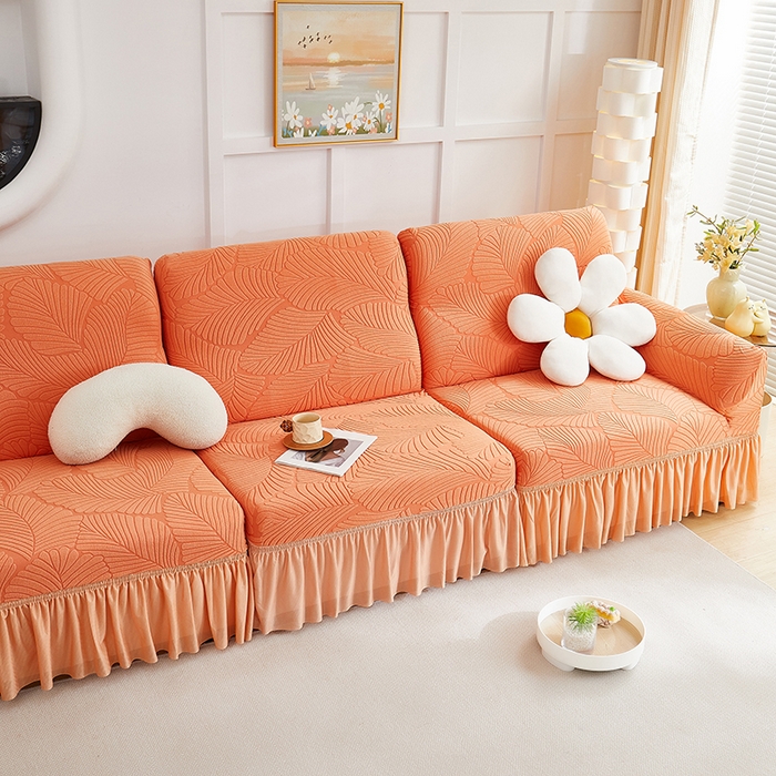 91家纺网 家纺一手货源 找家纺 丝绮鹿 2025新款雕花绒大叶子沙发套裙边款（直排） 橙色