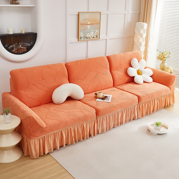 91家纺网 家纺一手货源 找家纺 丝绮鹿 2025新款雕花绒大叶子沙发套裙边款（直排） 橙色