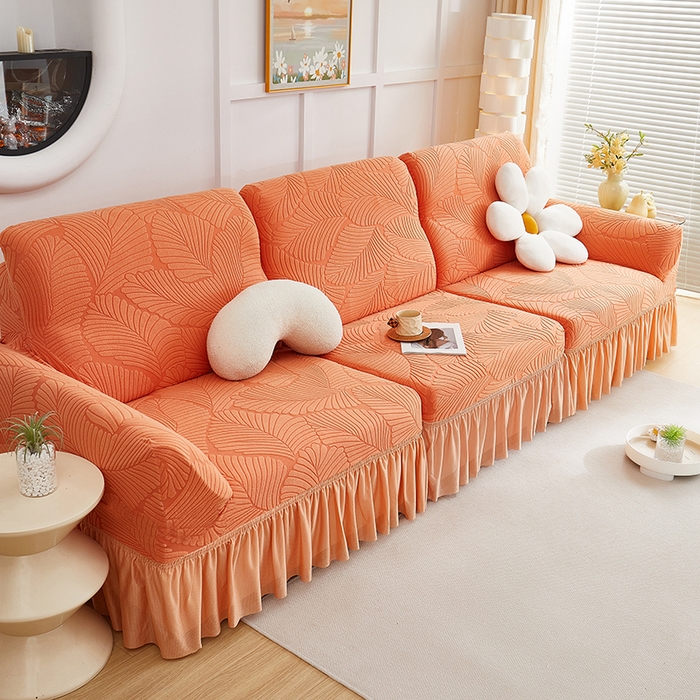91家纺网 家纺一手货源 找家纺 丝绮鹿 2025新款雕花绒大叶子沙发套裙边款（直排） 橙色