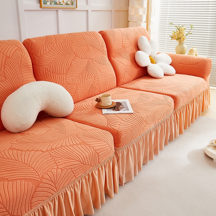 91家纺网 家纺一手货源 找家纺 丝绮鹿 2025新款雕花绒大叶子沙发套裙边款（直排） 橙色