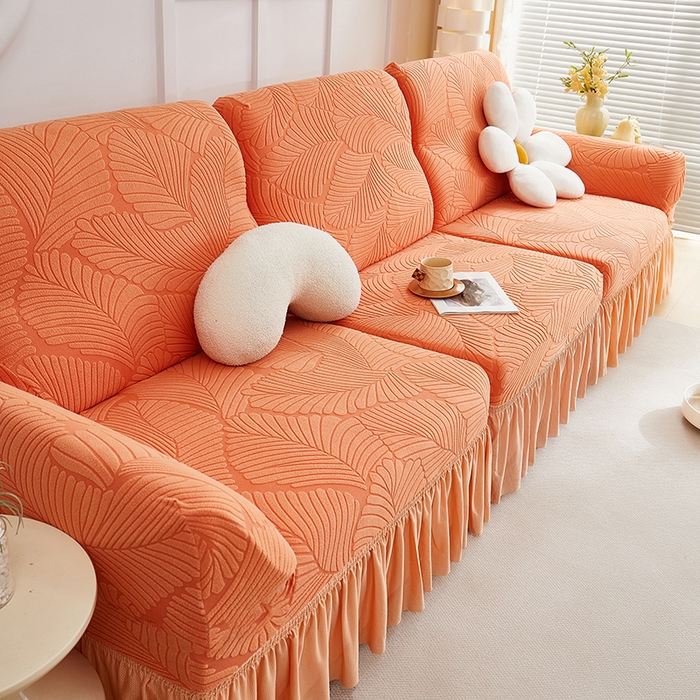 91家纺网 家纺一手货源 找家纺 丝绮鹿 2025新款雕花绒大叶子沙发套裙边款（直排） 橙色