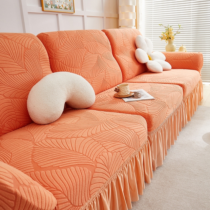 91家纺网 家纺一手货源 找家纺 丝绮鹿 2025新款雕花绒大叶子沙发套裙边款（直排） 橙色